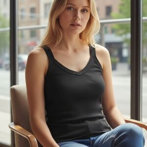 Ann Taylor Fine Ribknit Black Tank Top Basic Clean Girl Minimalist Stretch Sz S